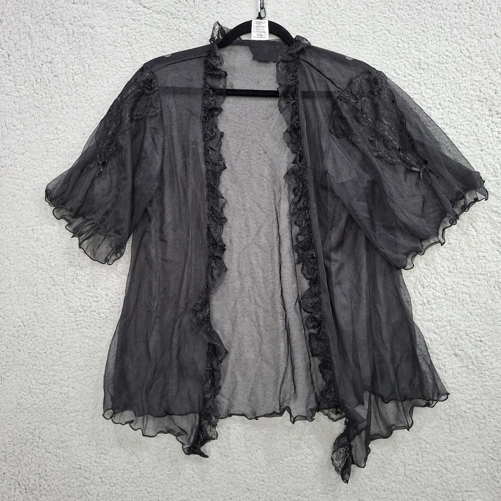 VTG 80s 90s Sheer Mesh Lace Peignoir Coverup Black Romantic Goth Whimsigoth M